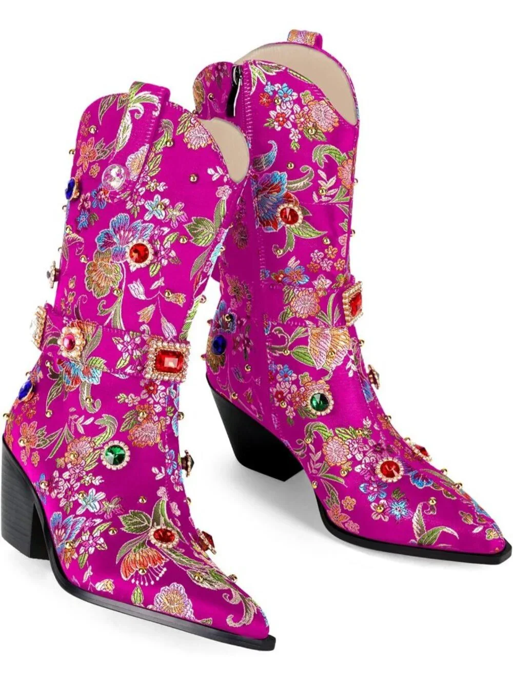 Women's Purple Western Floral Embroidery Rhinestone Sparkly Cowgirl Mid Calf Boo